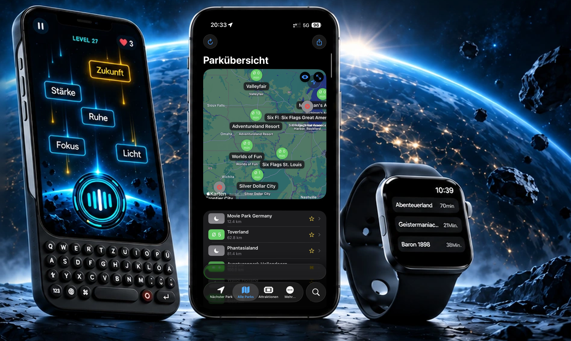 KEYFALL auf dem iPhone mit physischer Tastatur, daneben Freizeitpark Wartezeiten im Dark Mode auf iPhone und Apple Watch.