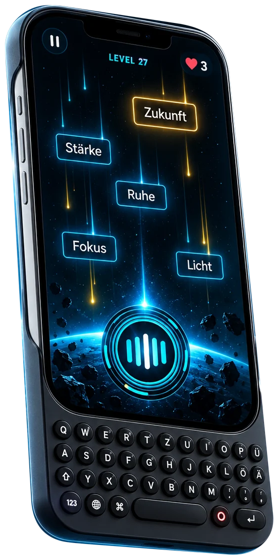 KEYFALL: fallende Wörter und ein cyanfarbener Kern auf einem iPhone mit physischer Tastatur.