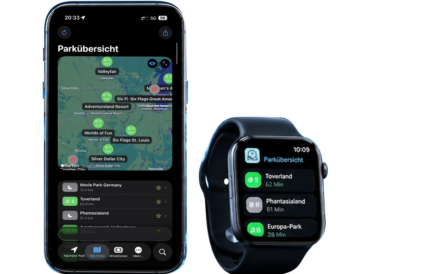 Vorschau von Freizeitpark Wartezeiten im Dark Mode auf iPhone und Apple Watch vor einer nächtlichen Achterbahn.