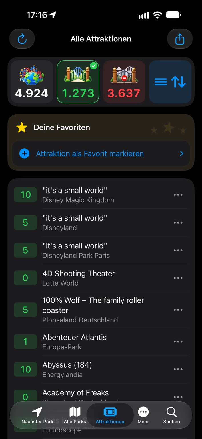 Echte Liste aller Attraktionen der iPhone-App mit Wartezeiten und Favoriten