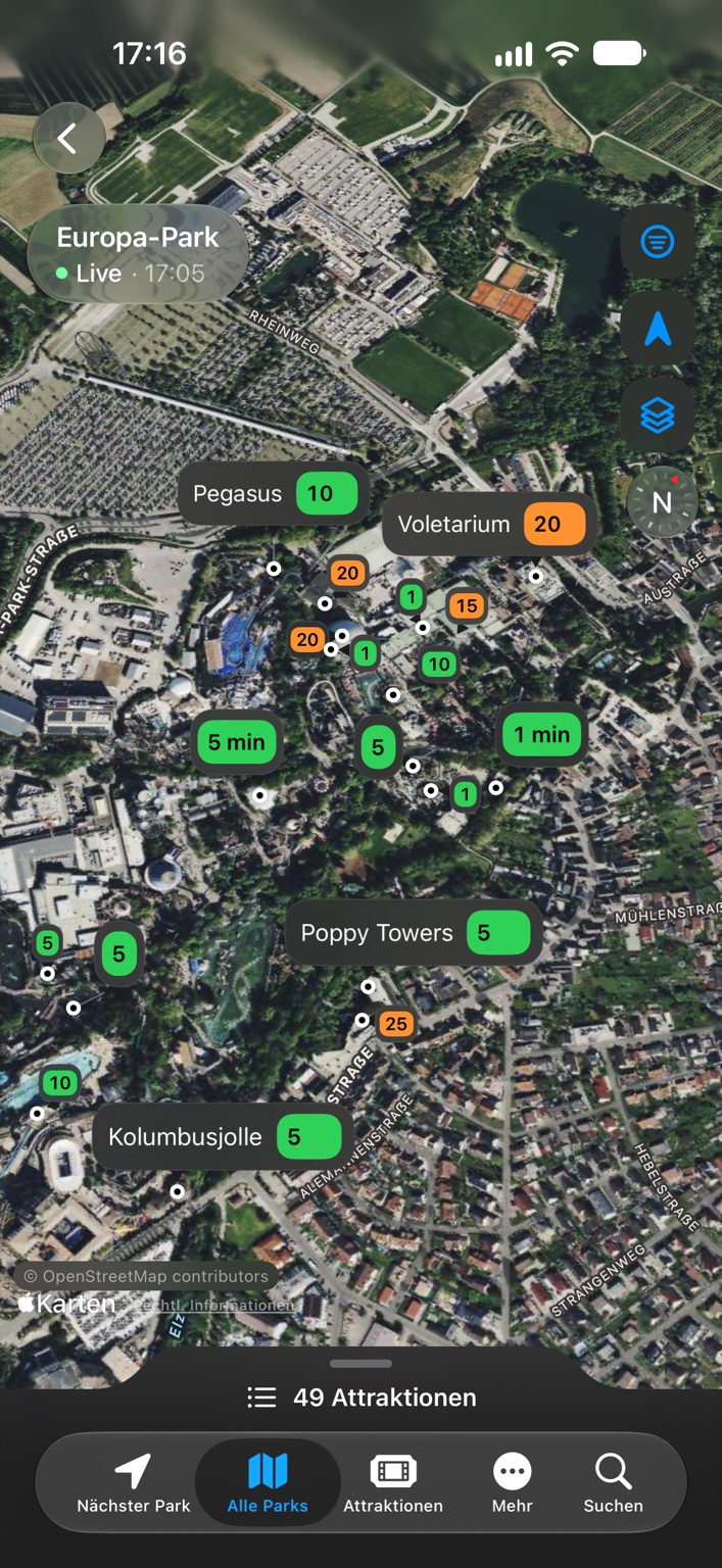 Echte Kartenansicht der iPhone-App mit Attraktionen und Wartezeiten im Europa-Park